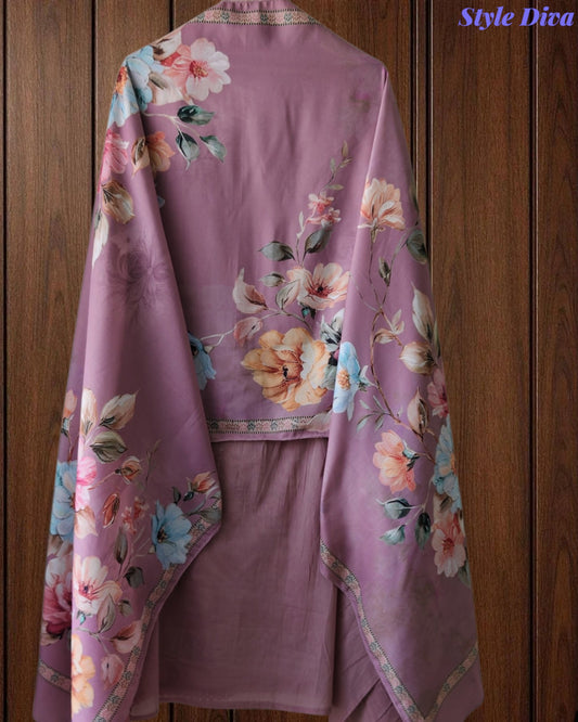 Mul Cotton Unstitched Suit Set with Laser Cut Embroidery & Muslin Digital Print Dupatta