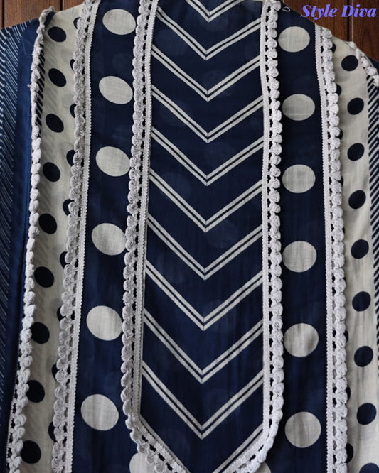 Pakistani Style - Mul Cotton Polka Print Unstitched Suit Set with Crochet Lacing