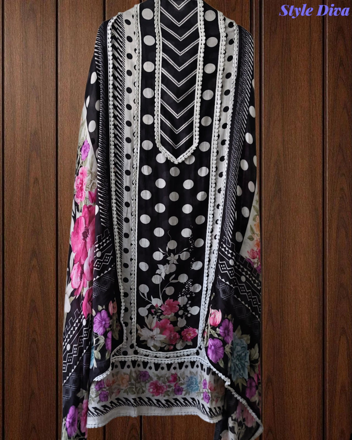 Pakistani Style - Mul Cotton Polka Print Unstitched Suit Set with Crochet Lacing