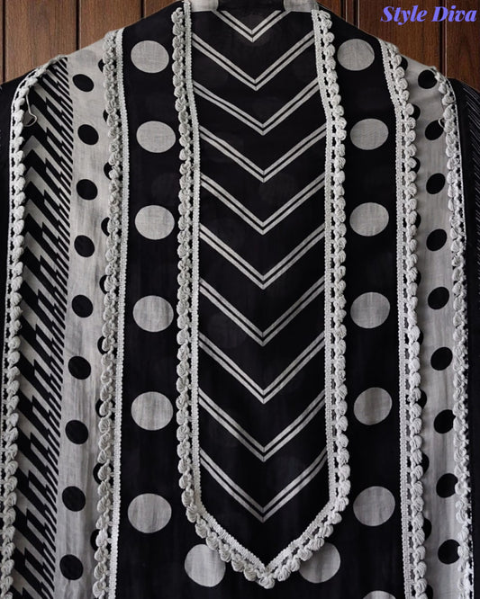 Pakistani Style - Mul Cotton Polka Print Unstitched Suit Set with Crochet Lacing