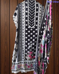 Pakistani Style - Mul Cotton Polka Print Unstitched Suit Set with Crochet Lacing