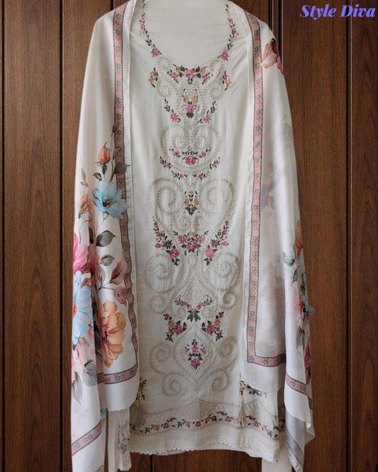 Mul Cotton Unstitched Suit Set with Laser Cut Embroidery & Muslin Digital Print Dupatta
