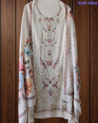 Mul Cotton Unstitched Suit Set with Laser Cut Embroidery & Muslin Digital Print Dupatta