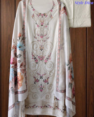 Mul Cotton Unstitched Suit Set with Laser Cut Embroidery & Muslin Digital Print Dupatta