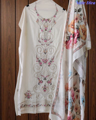 Mul Cotton Unstitched Suit Set with Laser Cut Embroidery & Muslin Digital Print Dupatta