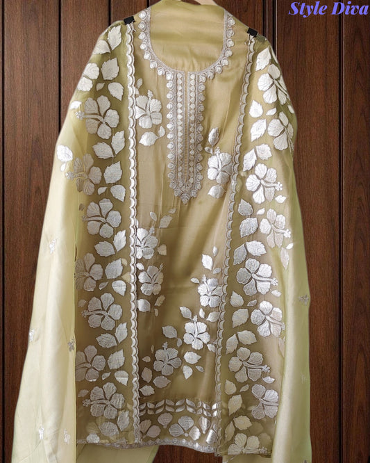 Designer Shimmer Tissue Suit with 3D Gotta Work for Festive Wear