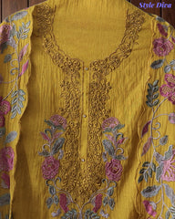 Mul cotton Laser Cut & Thread Embroidery Unstitched Suit with Embroidered Dupatta