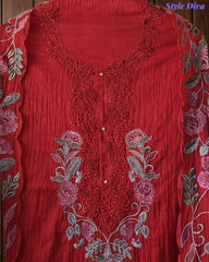Mul cotton Laser Cut & Thread Embroidery Unstitched Suit with Embroidered Dupatta