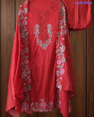 Mul cotton Laser Cut & Thread Embroidery Unstitched Suit with Embroidered Dupatta