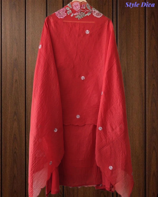 Mul cotton Laser Cut & Thread Embroidery Unstitched Suit with Embroidered Dupatta