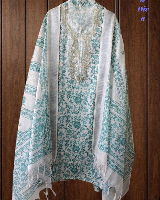 Linen Digital Printed Unstitched Suit with Pita Embroidery & Matching Dupatta