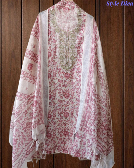 Linen Digital Printed Unstitched Suit with Pita Embroidery & Matching Dupatta