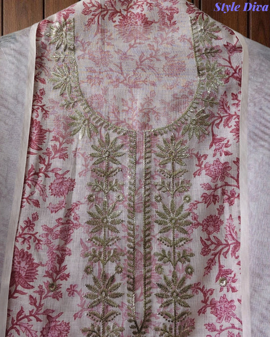 Linen Digital Printed Unstitched Suit with Pita Embroidery & Matching Dupatta