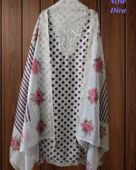 Elegant Cotton Unstitched Linen Polka Printed Suit with Embroidered Detailing
