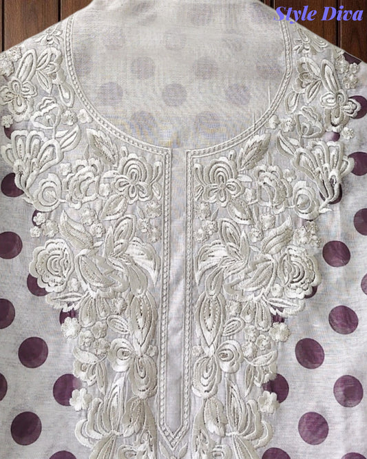Elegant Cotton Unstitched Linen Polka Printed Suit with Embroidered Detailing