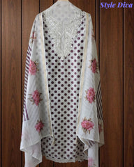 Elegant Cotton Unstitched Linen Polka Printed Suit with Embroidered Detailing