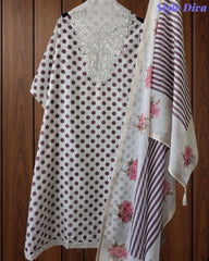 Elegant Cotton Unstitched Linen Polka Printed Suit with Embroidered Detailing
