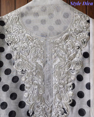 Elegant Cotton Unstitched Linen Polka Printed Suit with Embroidered Detailing