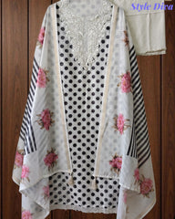 Elegant Cotton Unstitched Linen Polka Printed Suit with Embroidered Detailing