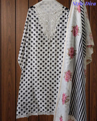 Elegant Cotton Unstitched Linen Polka Printed Suit with Embroidered Detailing
