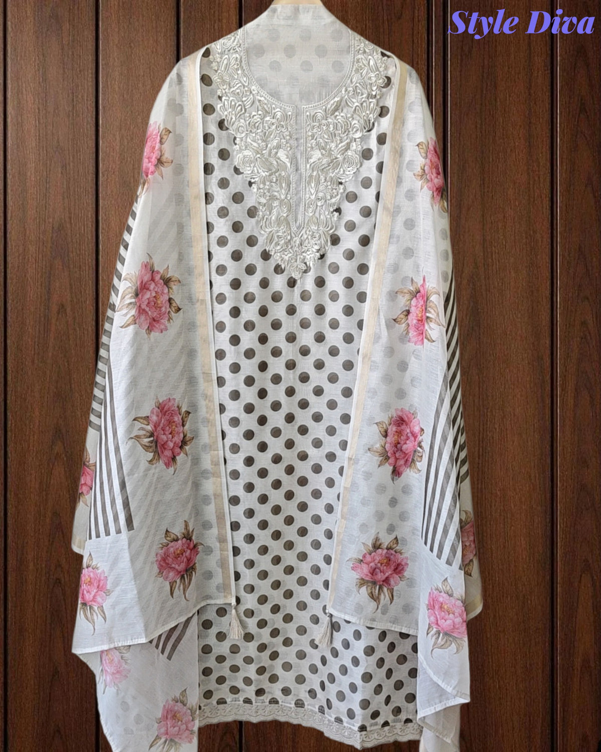 Elegant Cotton Unstitched Linen Polka Printed Suit with Embroidered Detailing