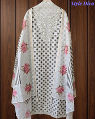 Elegant Cotton Unstitched Linen Polka Printed Suit with Embroidered Detailing