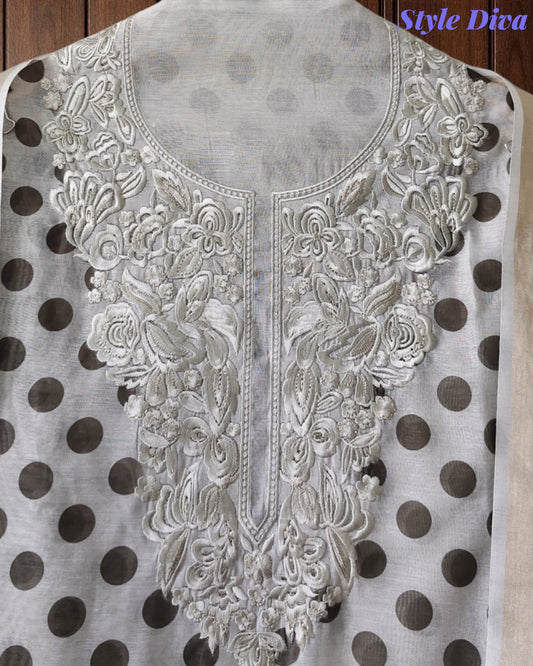 Elegant Cotton Unstitched Linen Polka Printed Suit with Embroidered Detailing