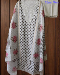Elegant Cotton Unstitched Linen Polka Printed Suit with Embroidered Detailing