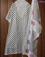 Elegant Cotton Unstitched Linen Polka Printed Suit with Embroidered Detailing