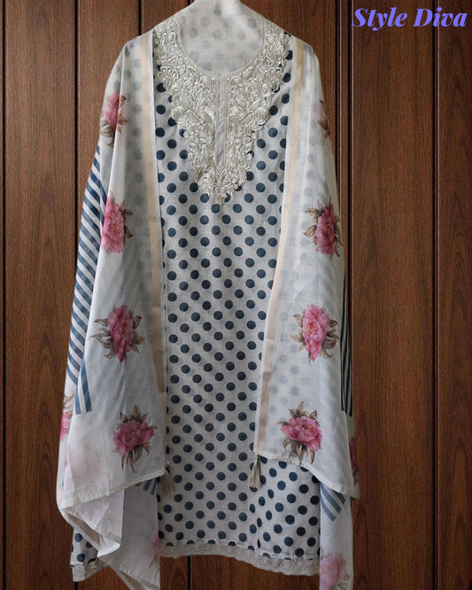 Elegant Cotton Unstitched Linen Polka Printed Suit with Embroidered Detailing