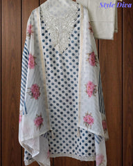 Elegant Cotton Unstitched Linen Polka Printed Suit with Embroidered Detailing