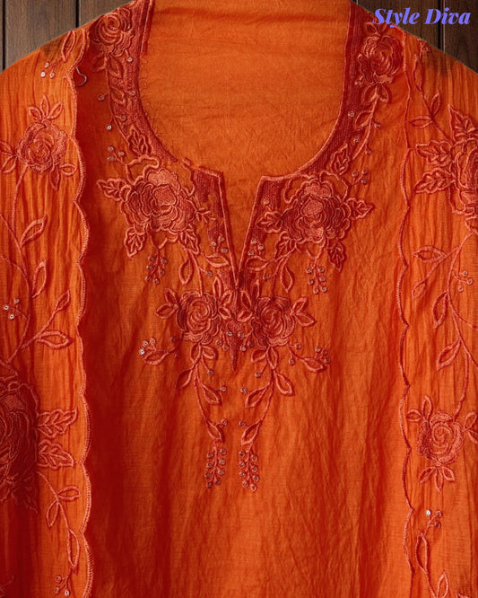 Mul Cotton Unstitched Suit Set with Overall Embroidery & Sequin Highlighting