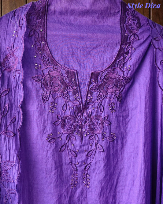 Mul Cotton Unstitched Suit Set with Overall Embroidery & Sequin Highlighting