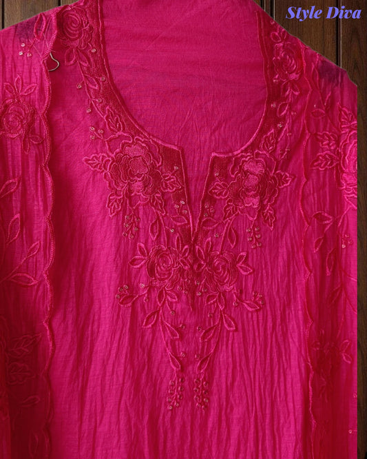 Mul Cotton Unstitched Suit Set with Overall Embroidery & Sequin Highlighting