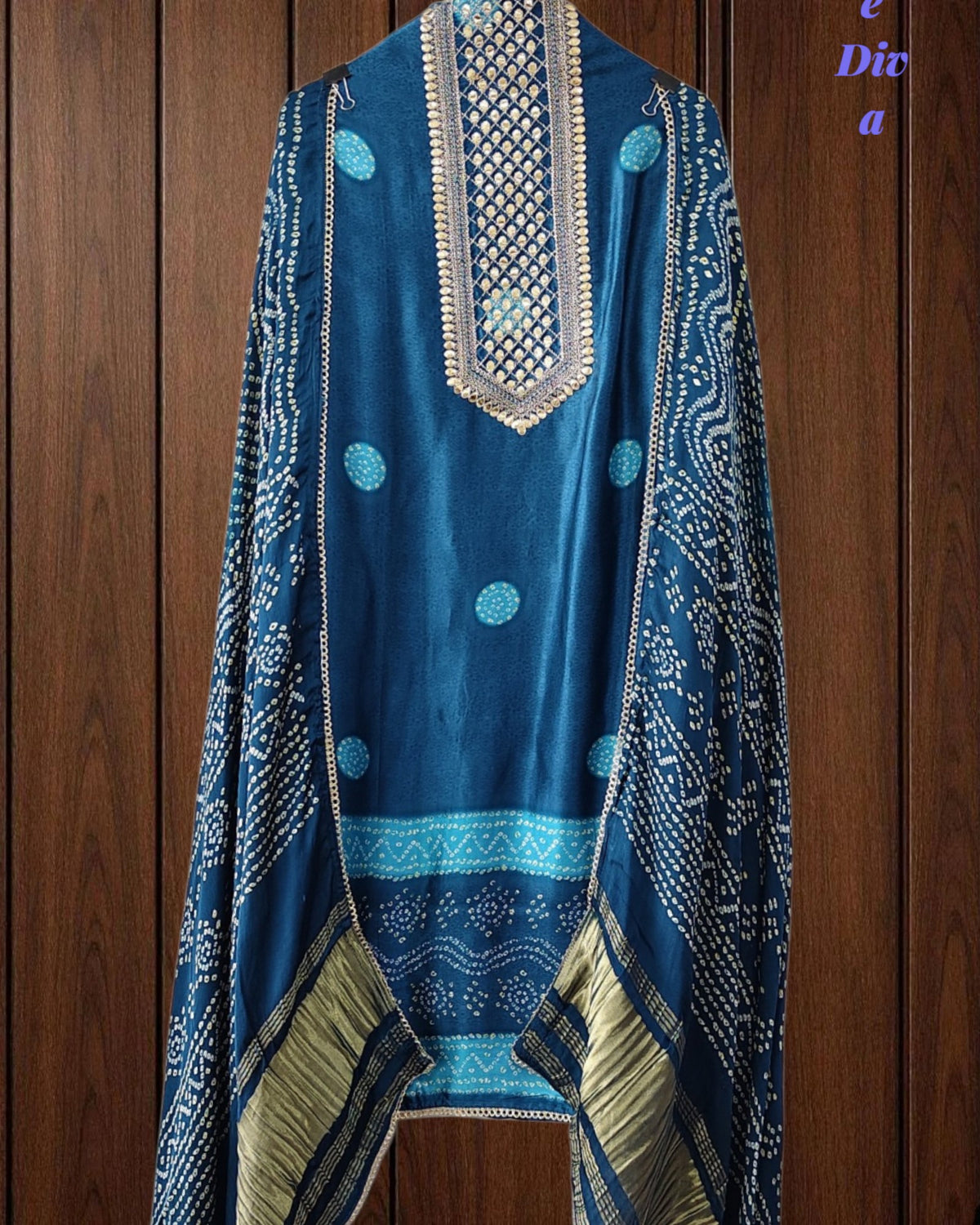 Premium Gajji Silk Digital Bandhej Print Unstitched Suit Set with Zari Embroidery, Faux Mirror & Sequin Work (Copy)