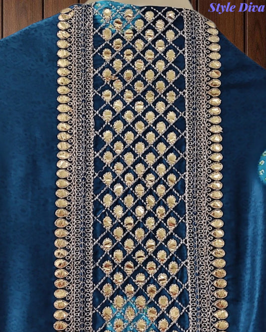 Premium Gajji Silk Digital Bandhej Print Unstitched Suit Set with Zari Embroidery, Faux Mirror & Sequin Work (Copy)