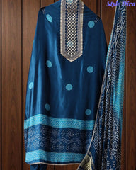 Premium Gajji Silk Digital Bandhej Print Unstitched Suit Set with Zari Embroidery, Faux Mirror & Sequin Work (Copy)