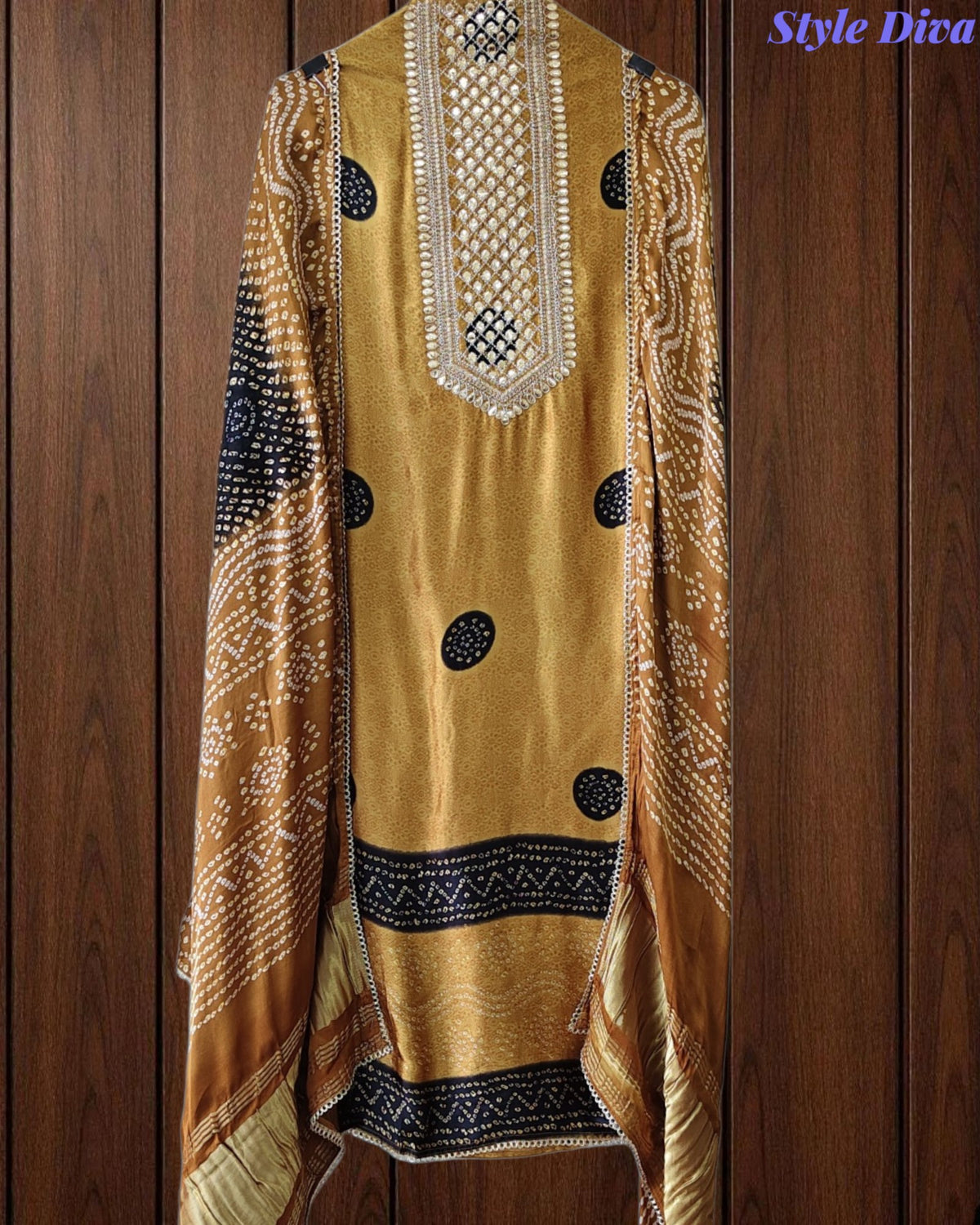 Premium Gajji Silk Digital Bandhej Print Unstitched Suit Set with Zari Embroidery, Faux Mirror & Sequin Work