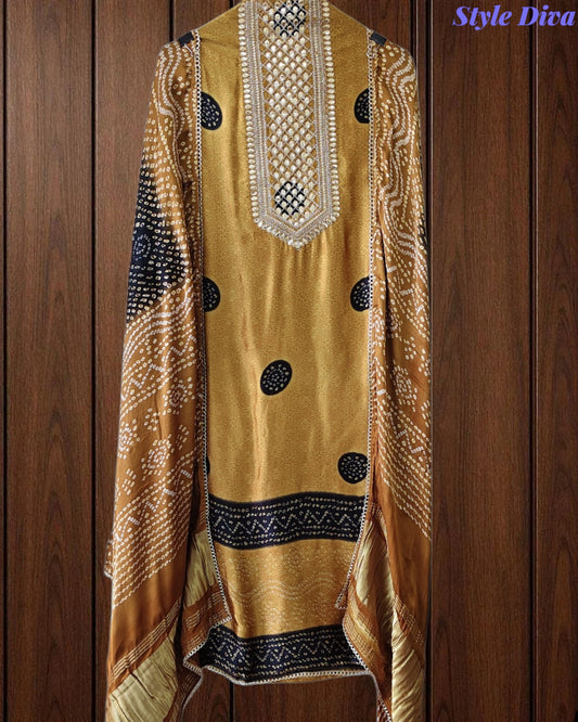 Premium Gajji Silk Digital Bandhej Print Unstitched Suit Set with Zari Embroidery, Faux Mirror & Sequin Work