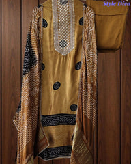 Premium Gajji Silk Digital Bandhej Print Unstitched Suit Set with Zari Embroidery, Faux Mirror & Sequin Work