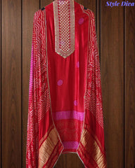 Premium Gajji Silk Digital Bandhej Print Unstitched Suit Set with Zari Embroidery, Faux Mirror & Sequin Work