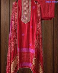 Premium Gajji Silk Digital Bandhej Print Unstitched Suit Set with Zari Embroidery, Faux Mirror & Sequin Work