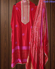 Premium Gajji Silk Digital Bandhej Print Unstitched Suit Set with Zari Embroidery, Faux Mirror & Sequin Work