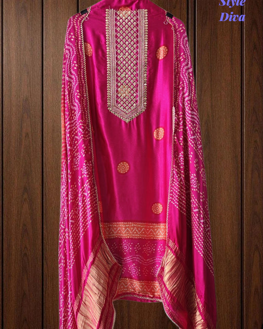 Premium Gajji Silk Digital Bandhej Print Unstitched Suit Set with Zari Embroidery, Faux Mirror & Sequin Work