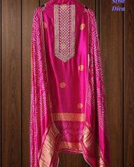 Premium Gajji Silk Digital Bandhej Print Unstitched Suit Set with Zari Embroidery, Faux Mirror & Sequin Work