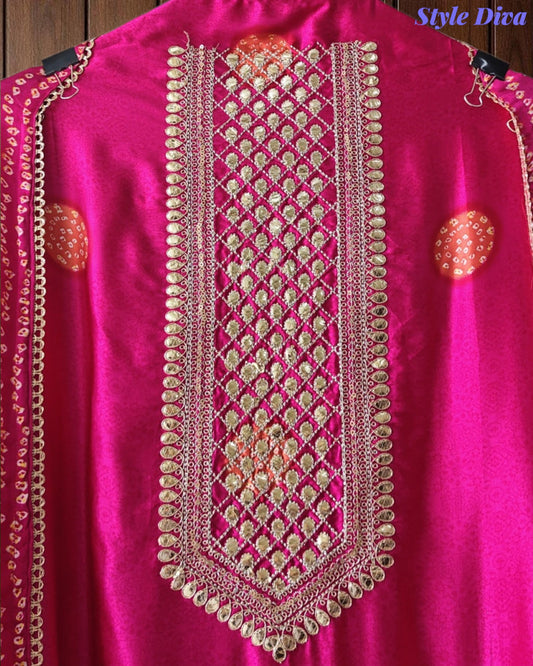 Premium Gajji Silk Digital Bandhej Print Unstitched Suit Set with Zari Embroidery, Faux Mirror & Sequin Work