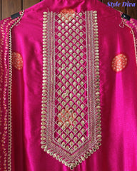 Premium Gajji Silk Digital Bandhej Print Unstitched Suit Set with Zari Embroidery, Faux Mirror & Sequin Work
