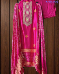 Premium Gajji Silk Digital Bandhej Print Unstitched Suit Set with Zari Embroidery, Faux Mirror & Sequin Work