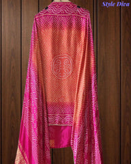 Premium Gajji Silk Digital Bandhej Print Unstitched Suit Set with Zari Embroidery, Faux Mirror & Sequin Work