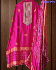 Premium Gajji Silk Digital Bandhej Print Unstitched Suit Set with Zari Embroidery, Faux Mirror & Sequin Work